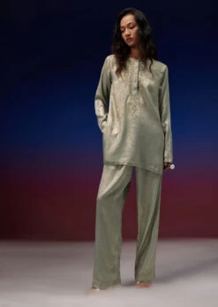 Gold Kurta And Pant In Foil With Sequins Embroidery