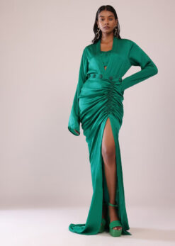Jade Green Co-ord Shirt And Skirt Set With Bustier In Satin