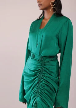 Jade Green Co-ord Shirt And Skirt Set With Bustier In Satin -Lillys Clothing Shop Kalki966
