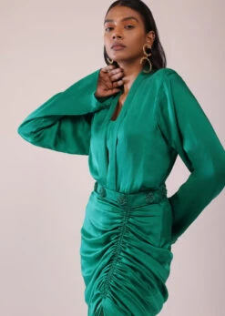 Jade Green Co-ord Shirt And Skirt Set With Bustier In Satin -Lillys Clothing Shop Kalki967