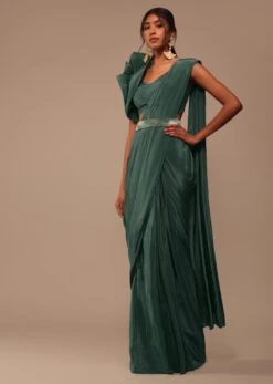 Jade Green Saree With Fancy One Side Flowered Shape Sleeve And Belt