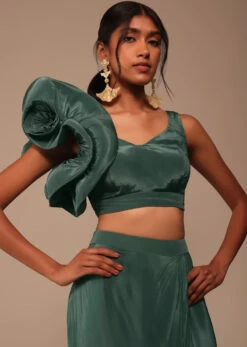 Jade Green Saree With Fancy One Side Flowered Shape Sleeve And Belt -Lillys Clothing Shop Kalki988