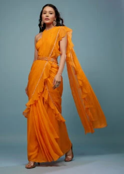 Carrot Orange Ready - Pleated Saree With Frill Pallu