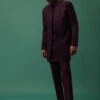 Wine Open Style Jodhpuri Jacket Set With Pleated Kurta