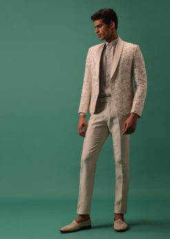 Off White Heavy Hand Embroidered Tuxedo Suit In Dola Silk