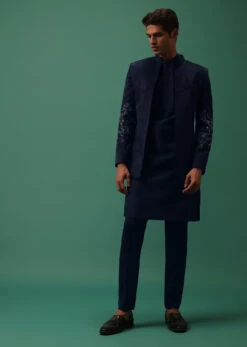Navy Suede Jodhpuri And Kurta Set With Antique Geometric Embroidery