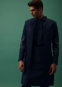 Navy Suede Jodhpuri And Kurta Set With Antique Geometric Embroidery -Lillys Clothing Shop Kalkimens167