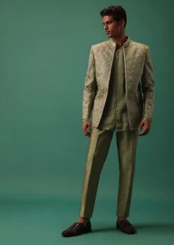 Green Foil Embroidered Jodhpuri Jacket Set With Detailed Organza Kurta