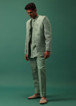 Green Hand Embroidered Indowestern Jacket Set With Pants