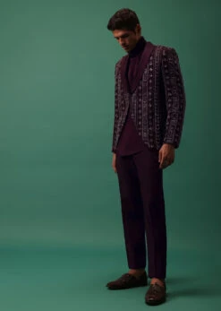 Wine Toned Heavy Embroidered Tuxedo Set In Dola Silk