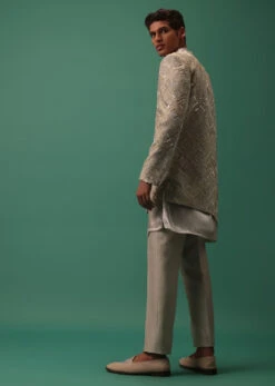 White Organza Kurta And Fusing Pants Set With Heavy Embroidered Overlapping Jacket -Lillys Clothing Shop Kalkimens228