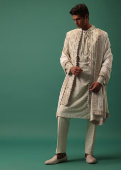 Off White Indowestern Jacket Set In Dola Silk With Resham Embroidery