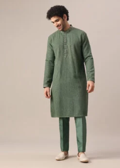 Green Kurta And Dola Silk Pants With Self Embroidery
