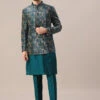 Green Floral Print Velvet Jacket And Kurta Set