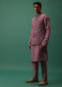 Dark Pink Self Embroidered Bandi Jacket And Kurta Set