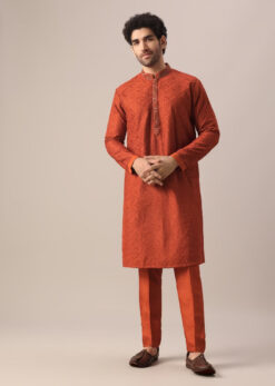 Orange Self Embroidered Kurta With Dola Silk Pants