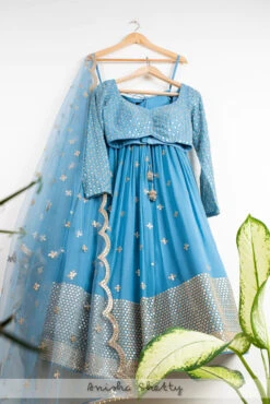 English Blue & Gold Abla Lehenga Set