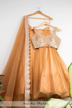 Peanut Tan Lehenga With Gold Mirrorwork Blouse