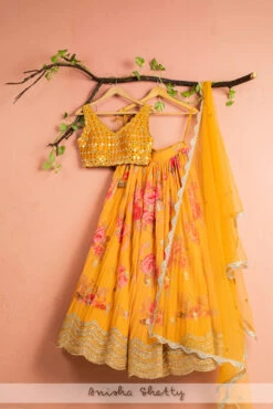 Honey Yellow Floral Lehenga With Mirror Work Blouse