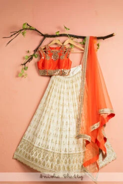 Ivory Lehenga With Orange Mirror Blouse & Dupatta