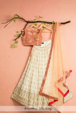 Ivory Lehenga With Red Mirror Blouse & Peach Dupatta