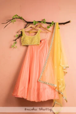 Melon Orange Organza Lehenga With Pineapple Yellow Mirrorwork Blouse & Dupatta