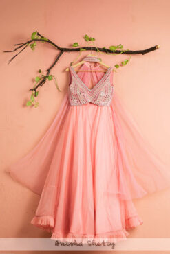 Watermelon Pink Organza Lehenga With Mirrorwork Blouse & Neck Dupatta