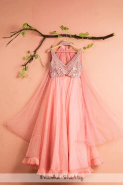 Watermelon Pink Organza Lehenga With Mirrorwork Blouse & Neck Dupatta