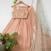 Apricot Peach Lehenga With Mirrorwork Blouse & Aqua Blue Dupatta