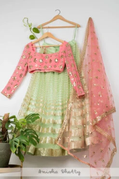 Lime Green Lehenga With Sugar Coral Blouse & Dupatta