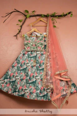 Tropical Printed Lehenga With Emroidered Blouse & Coral Dupatta