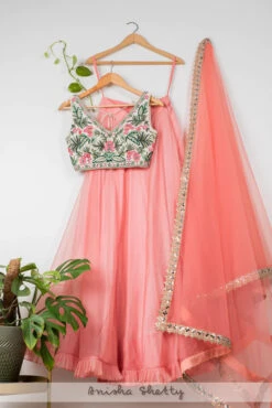 Watermelon Pink Organza Lehenga With Tropical Embroidered Blouse & Dupatta