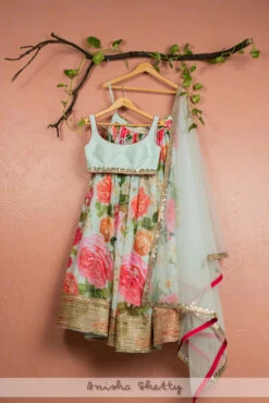 Aqua Floral Lehenga With Aqua Blue Blouse & Dupatta