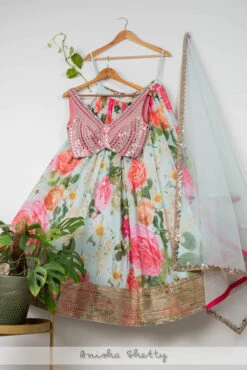 Aqua Floral Lehenga With Watermelon Mirror Blouse & Aqua Dupatta