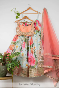 Aqua Floral Lehenga With Apricot Peach Mirror Blouse & Dupatta -Lillys Clothing Shop LAS332BACK 1024x1024 73027efa f592 4047 b7c2 6a096f148b72