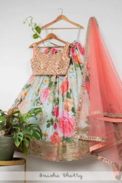 Aqua Floral Lehenga With Apricot Peach Mirror Blouse & Dupatta