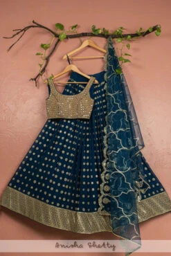 Midnight Blue Lehenga With Mirror Blouse & Scallop Dupatta