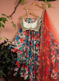 Floral Fiesta Layered Lehenga With Kalidescope Mirrorwork Blouse Set -Lillys Clothing Shop LAS357 BACK