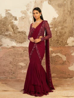AUBREY - Plum Purple Toned Georgette Layered Saree -Lillys Clothing Shop LOOK12A 905x1200 9bac2ea0 c52f 4065 8937 6fb736d7409a