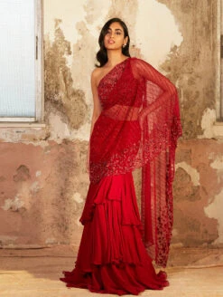 EMILY - Red One Shoulder Floral Pearl Hand Embellished Blouse Skirt