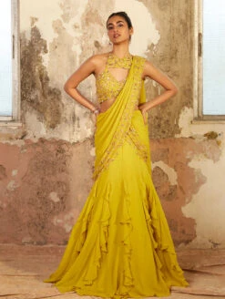 ZIYA - Lime Georgette Ruffled Saree