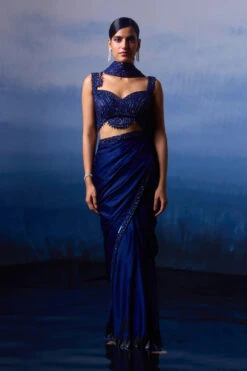 Midnight Blue Satin Saree