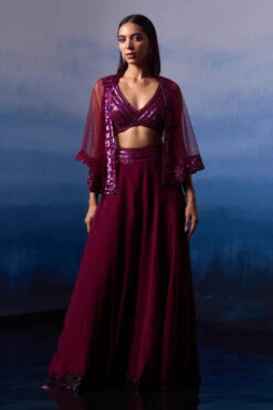 Wine Organza Cape Set