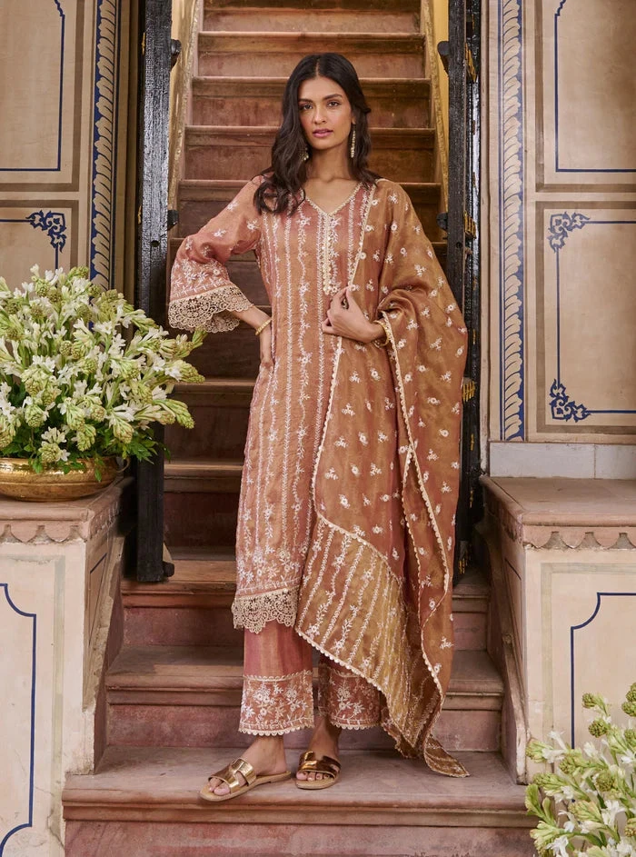 Mulmul Luxe Tissue Satin Chaleya Old Rose Kurta Pant 2 Mulmul Luxe Tissue Satin Chaleya Old Rose Kurta Pant - Image 2