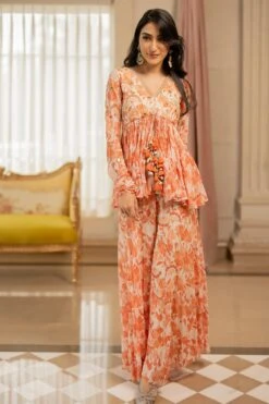 Orange Geometric Floral Printed Peplum Set