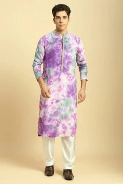 Purple Tie Dye Kurta With White Silk Pant