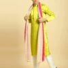 Neon Green Kurta With White Pant With Multi Colour Dupatta