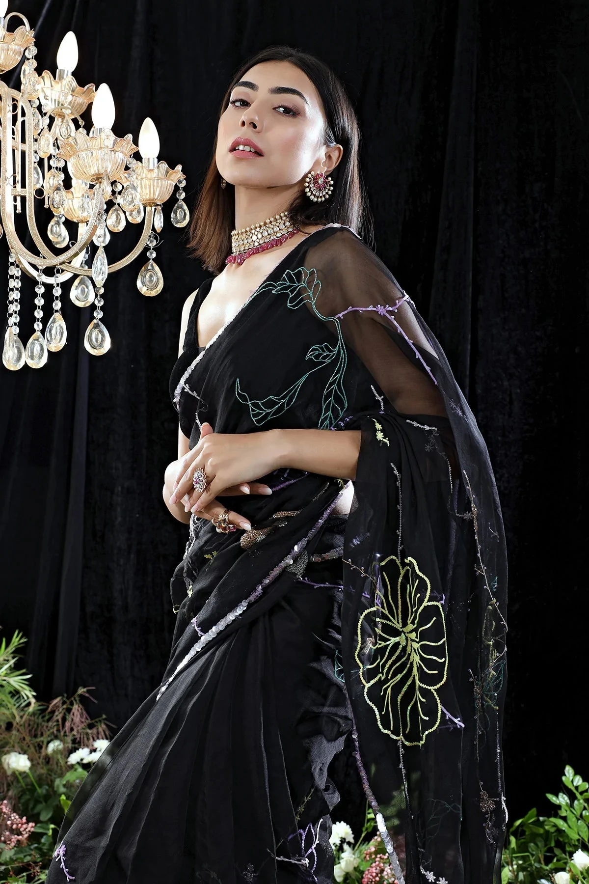 Black Shantoon Zoe Hand Embroidered Saree With Blouse 4 Black Shantoon Zoe Hand Embroidered Saree With Blouse - Image 4
