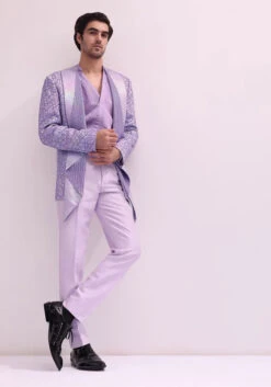 Lavender Shimmer Lapel Tuxedo With Pleated Shirt And Pants -Lillys Clothing Shop POJHGFDS