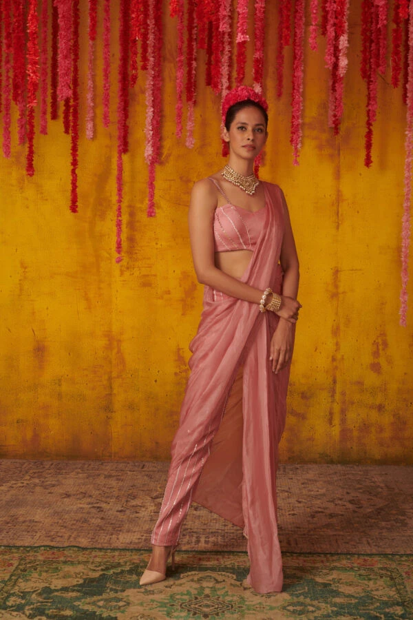 Onion Pink Pant Saree Set 4 Onion Pink Pant Saree Set - Image 4